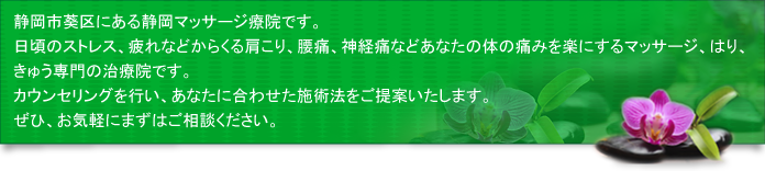 静岡市葵区にある静岡マッサージ療院です。日頃のストレス、疲れなどからくる肩こり、腰痛、神経痛などあなたの体の痛みを楽にするマッサージ、はり、きゅう専門の治療院です。カウンセリングを行い、あなたに合わせた施術法をご提案いたします。ぜひ、お気軽にまずはご相談ください。
